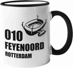 Mok Met ZWART Handvat | 010 Feyenoord Rotterdam | Met De Kuip | Mok Voor Fan |